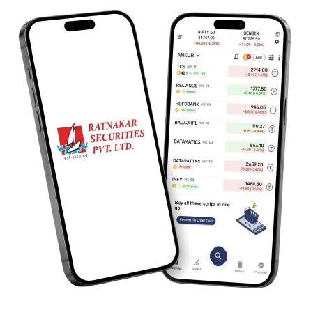 Ratnakar TradeExpress mobile trading app displayed on iPhones